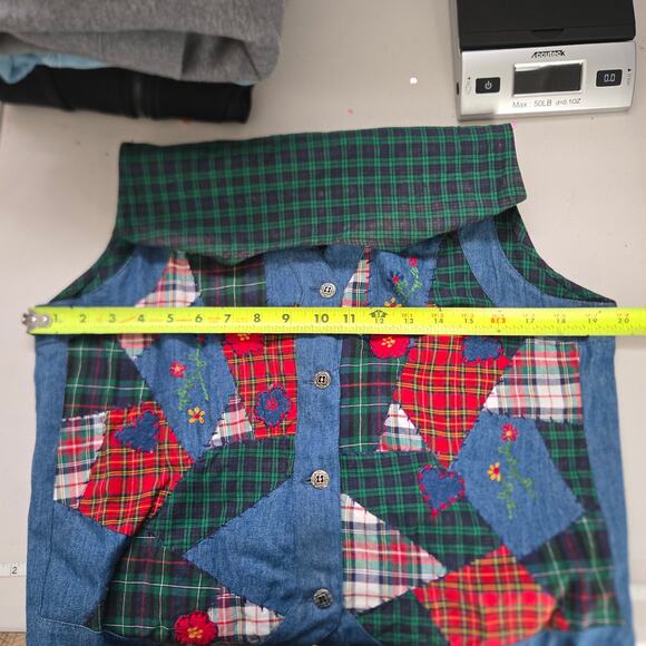 Vintage Floral Plaid Patchwork Button Denim Vest Size MD Grandma Cabin Holiday - Picture 6 of 8